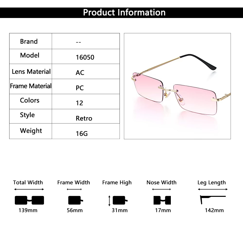 Retro UV400 Fashion Rectangle Rimless Women Sunglasses Unisex Retro Luxury Design Gradient Small Eyewear
