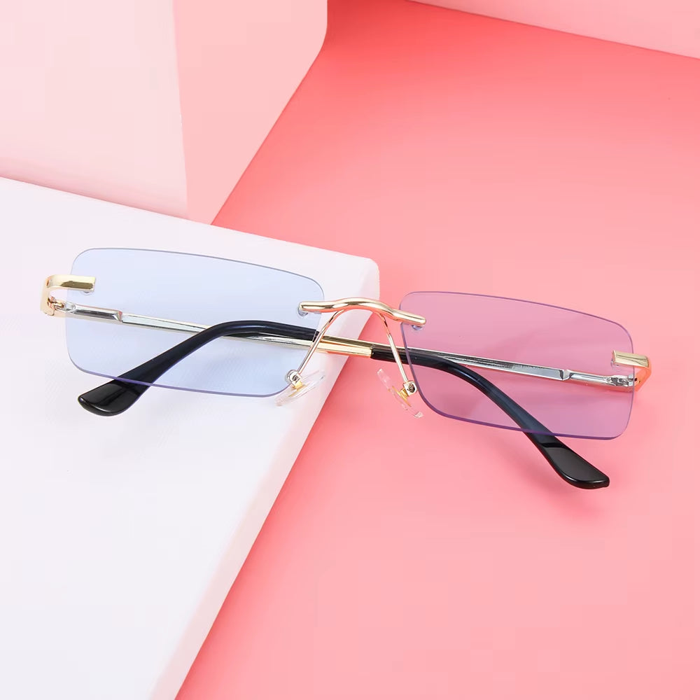 Retro UV400 Fashion Rectangle Rimless Women Sunglasses Unisex Retro Luxury Design Gradient Small Eyewear